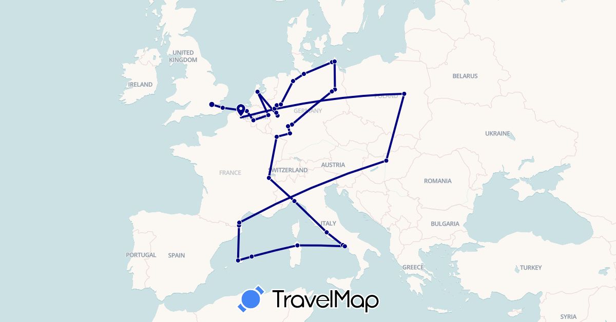 TravelMap itinerary: driving in Belgium, Switzerland, Germany, Spain, France, United Kingdom, Hungary, Italy, Netherlands, Poland (Europe)